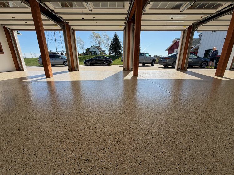 Garage floor coating with decorative flake finish