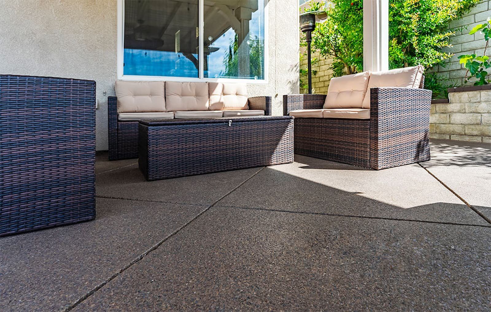 Exterior patio with coated concrete finish